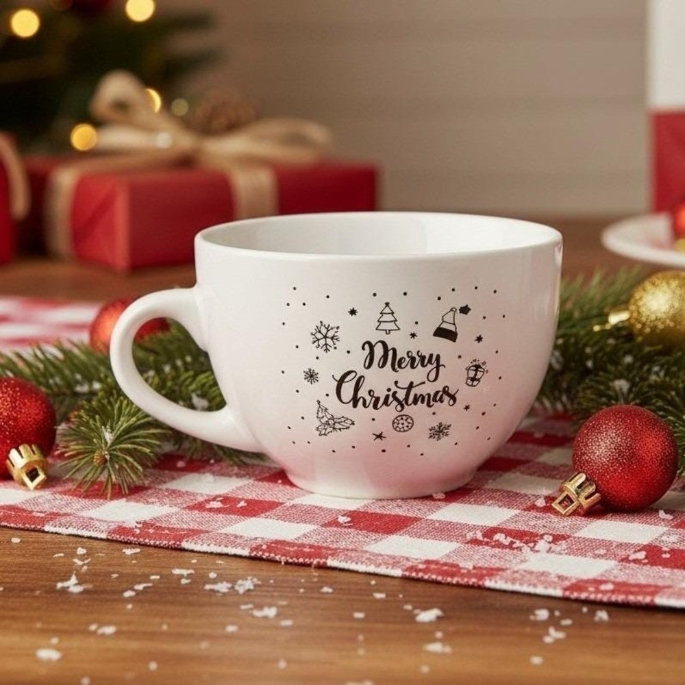 Bruntmor Merry Christmas White‎ Large Coffee Cup, Oversized Holiday Ceramic Mug